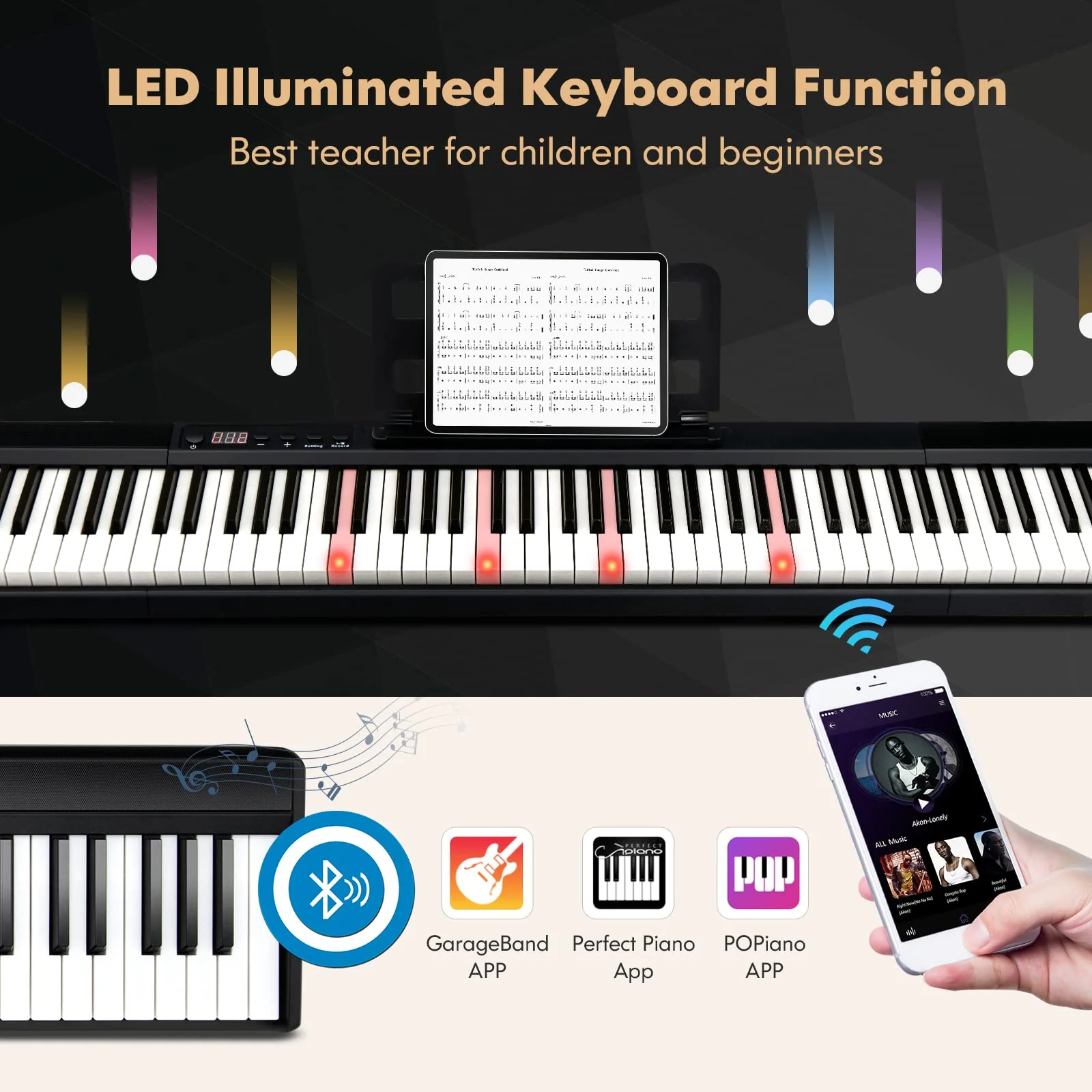 HONEY JOY 88 Key Piano Keyboard, Full Size Semi-Weighted Keyboard, Portable Electric Piano w/Lighted Keys - Image 4