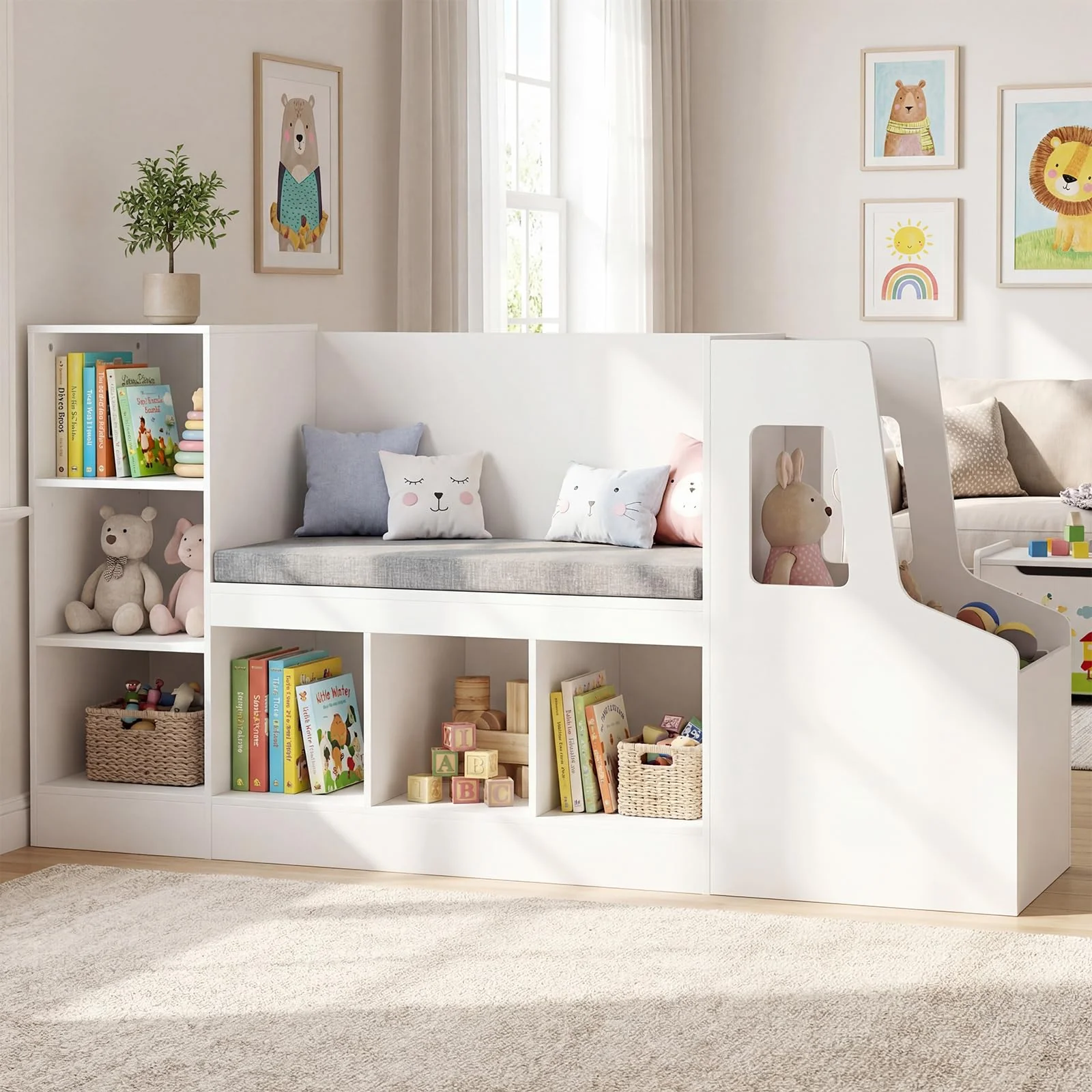 HONEY JOY Car-Shaped Kids Bookshelf with Reading Nook, Kids Bookcase - Image 2
