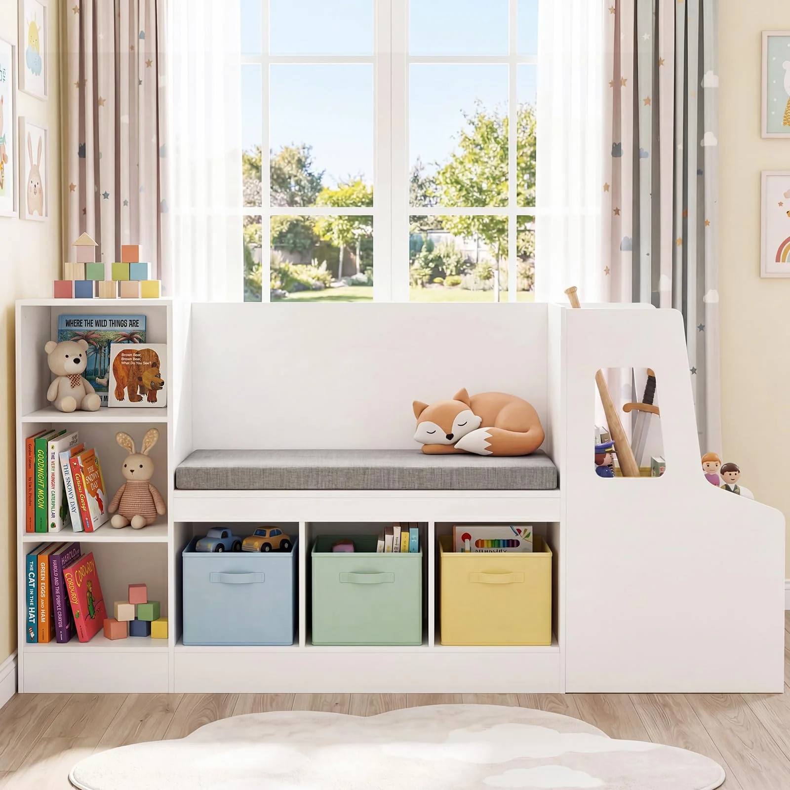 HONEY JOY Car-Shaped Kids Bookshelf with Reading Nook, Kids Bookcase - Image 3