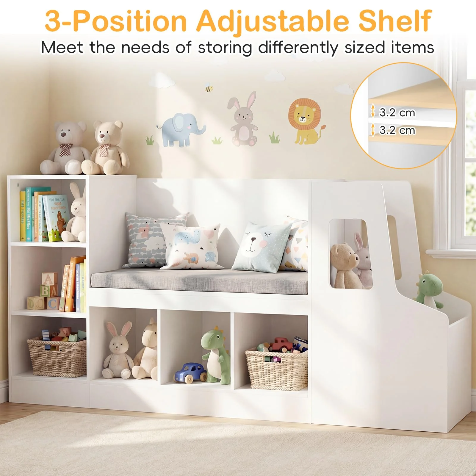 HONEY JOY Car-Shaped Kids Bookshelf with Reading Nook, Kids Bookcase - Image 5