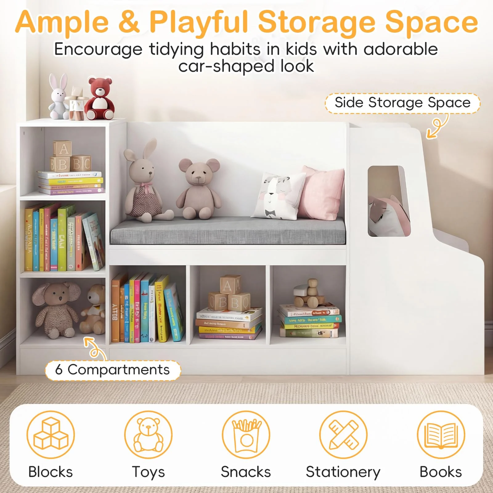 HONEY JOY Car-Shaped Kids Bookshelf with Reading Nook, Kids Bookcase - Image 6