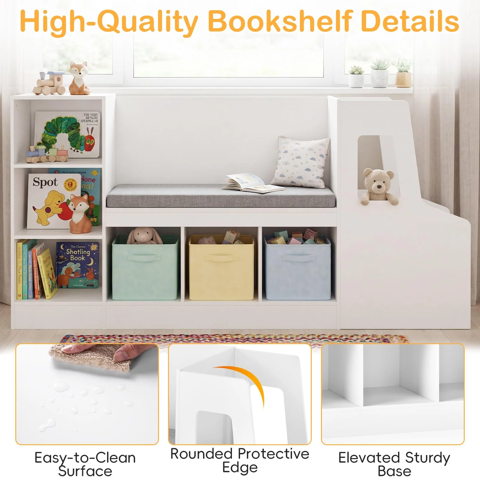 HONEY JOY Car-Shaped Kids Bookshelf with Reading Nook, Kids Bookcase - Image 9