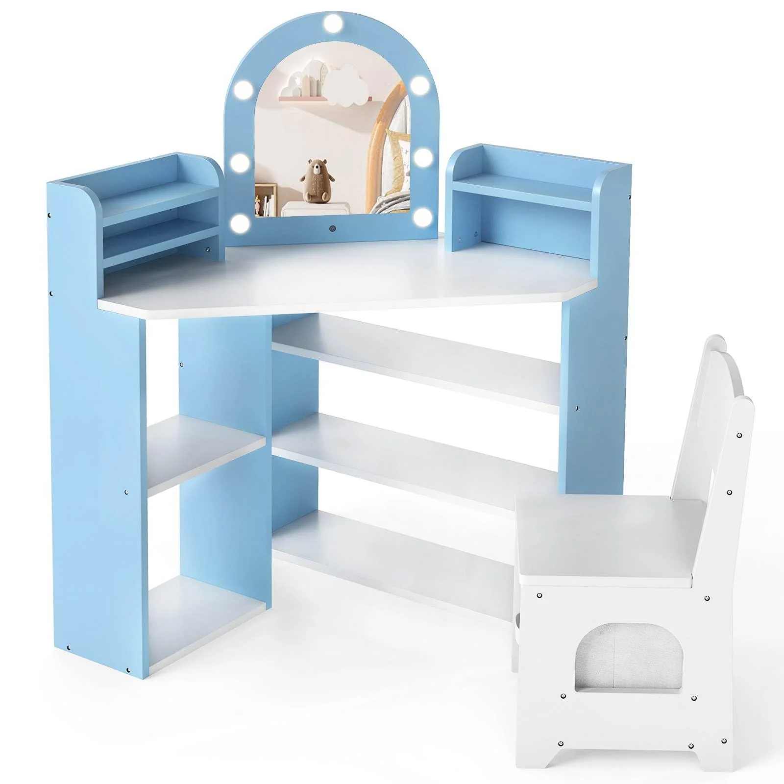 HONEY JOY Corner Kids Vanity with Lights, Princess Vanity Table & Chair Set