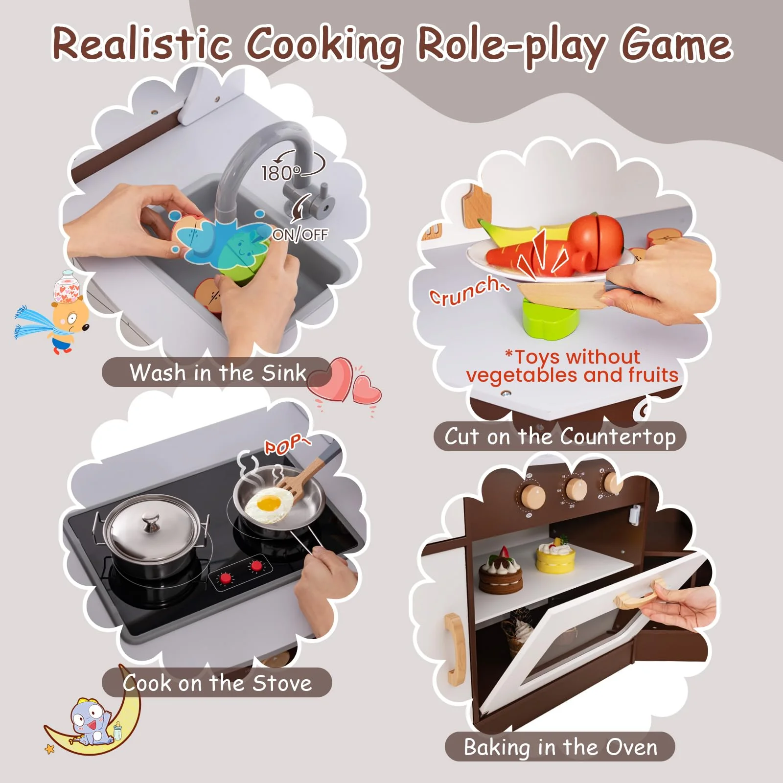 HONEY JOY Corner Play Kitchen, Toddler Kitchen Playset with Ice Maker, Microwave, Oven, Sink, Washing Machine, Towel Rack & Sweet Accessories - Image 3