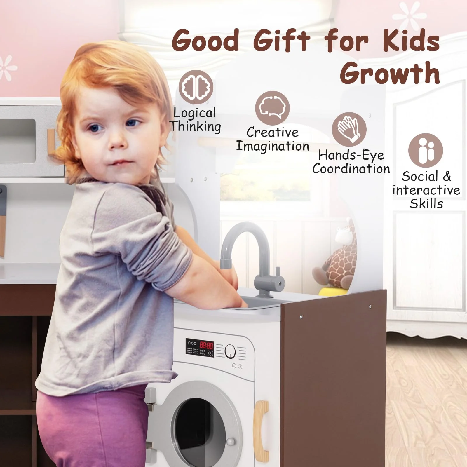 HONEY JOY Corner Play Kitchen, Toddler Kitchen Playset with Ice Maker, Microwave, Oven, Sink, Washing Machine, Towel Rack & Sweet Accessories - Image 6