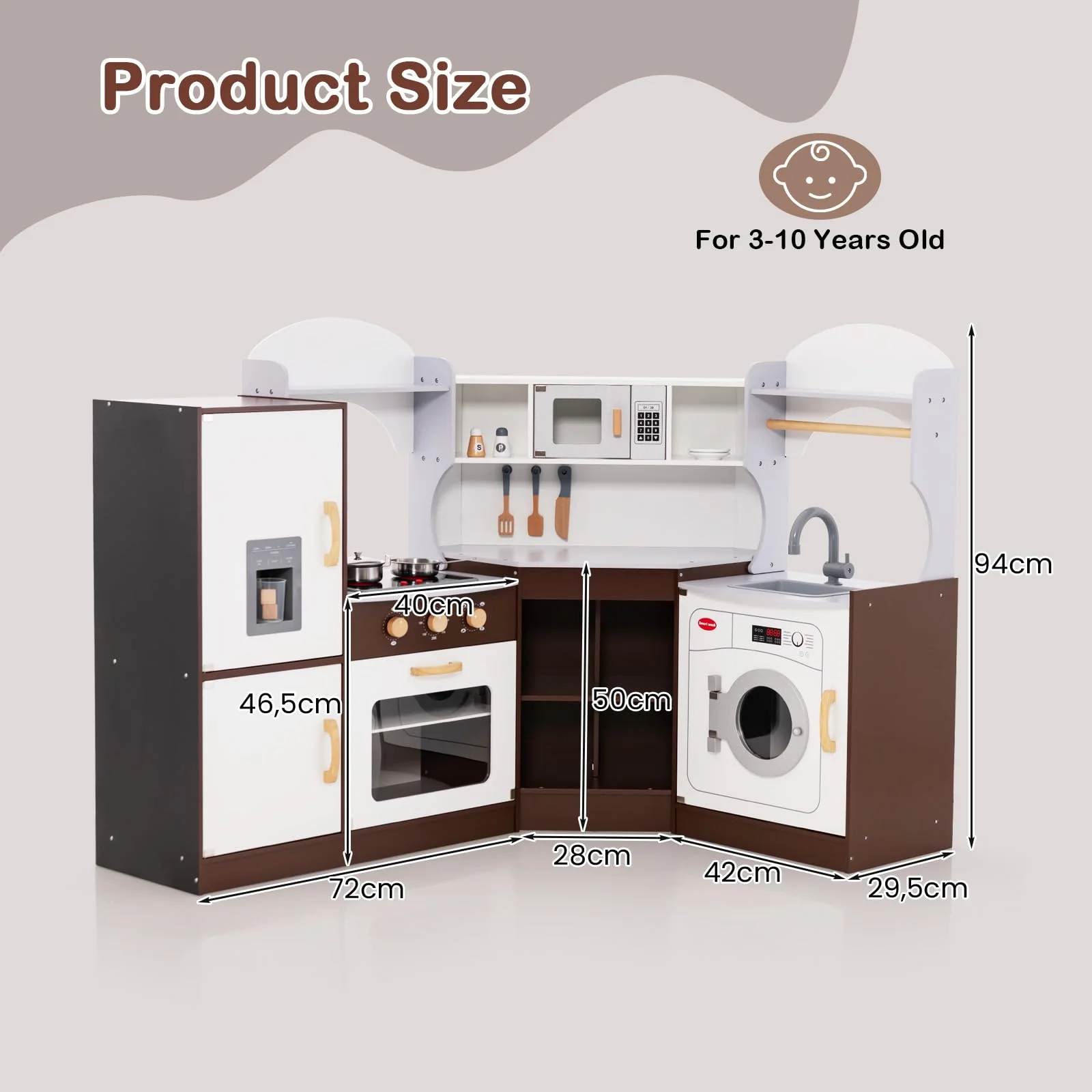 HONEY JOY Corner Play Kitchen, Toddler Kitchen Playset with Ice Maker, Microwave, Oven, Sink, Washing Machine, Towel Rack & Sweet Accessories - Image 7