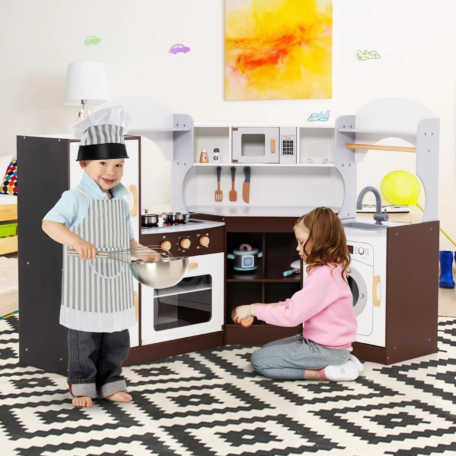 HONEY JOY Corner Play Kitchen, Toddler Kitchen Playset with Ice Maker, Microwave, Oven, Sink, Washing Machine, Towel Rack & Sweet Accessories - Image 8