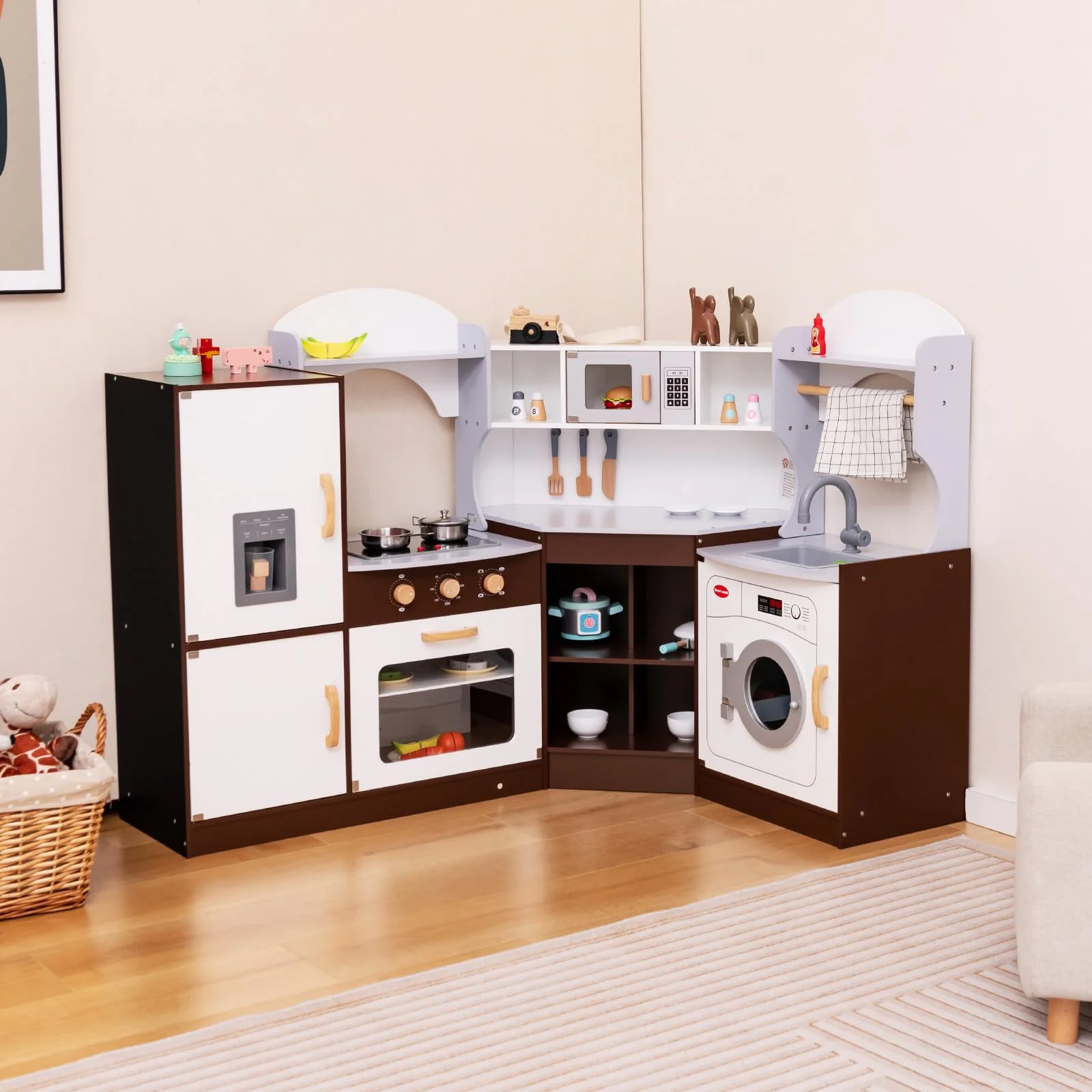 HONEY JOY Corner Play Kitchen, Toddler Kitchen Playset with Ice Maker, Microwave, Oven, Sink, Washing Machine, Towel Rack & Sweet Accessories - Image 9