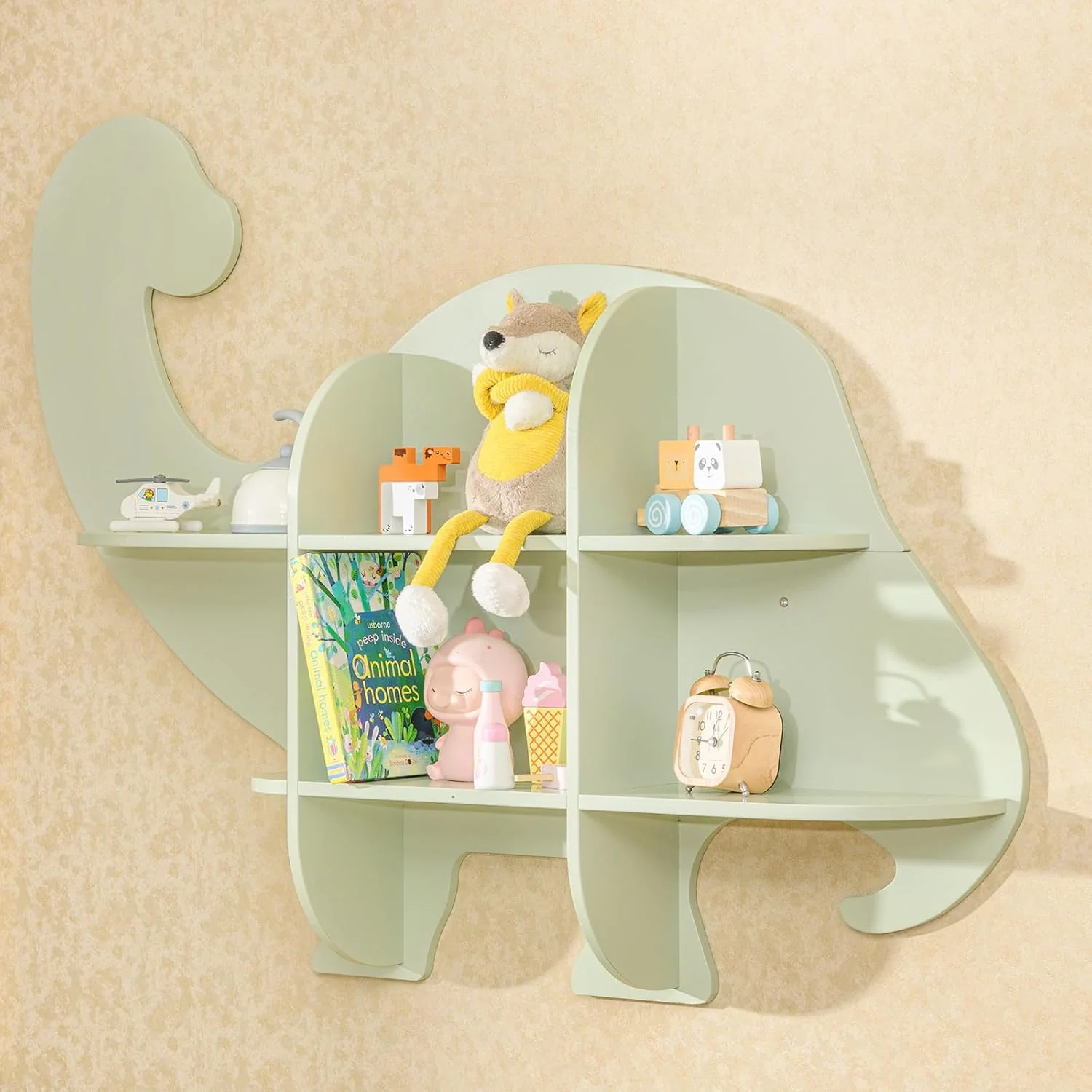 HONEY JOY Floating Dinosaur Kids Bookshelf, 2-Tier Wooden Hanging Bookcase for Children - Image 2