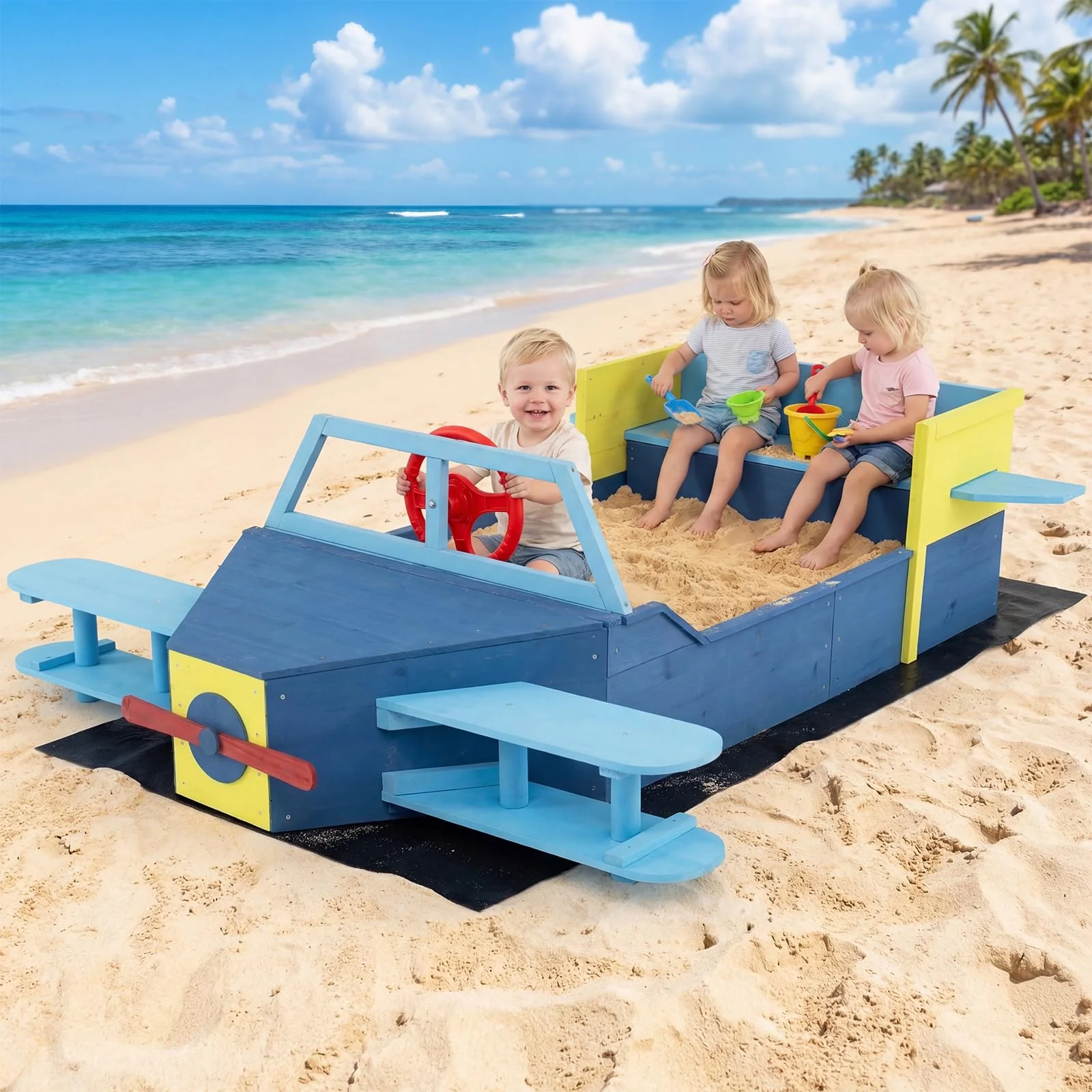HONEY JOY Glider-Shape Kids Sandpit, Large Wooden Outdoor Sand Box w/Bench Seat - Image 2