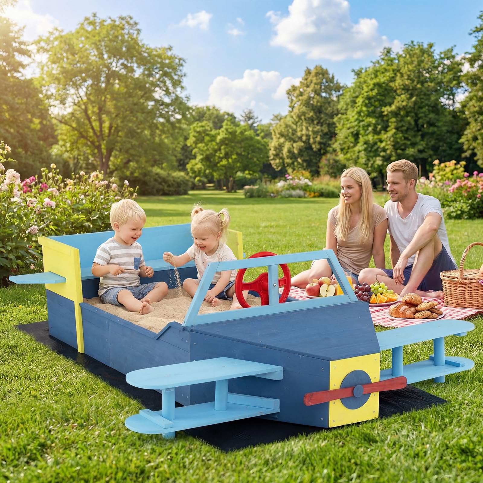 HONEY JOY Glider-Shape Kids Sandpit, Large Wooden Outdoor Sand Box w/Bench Seat - Image 3