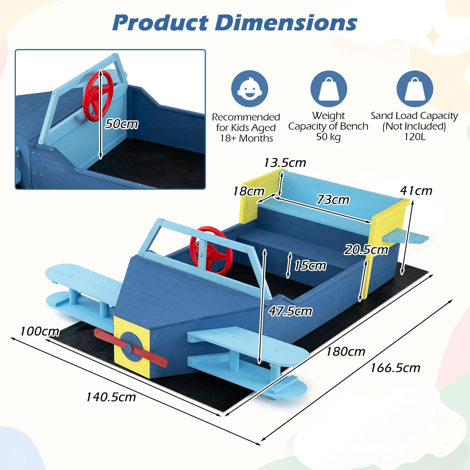 HONEY JOY Glider-Shape Kids Sandpit, Large Wooden Outdoor Sand Box w/Bench Seat - Image 4