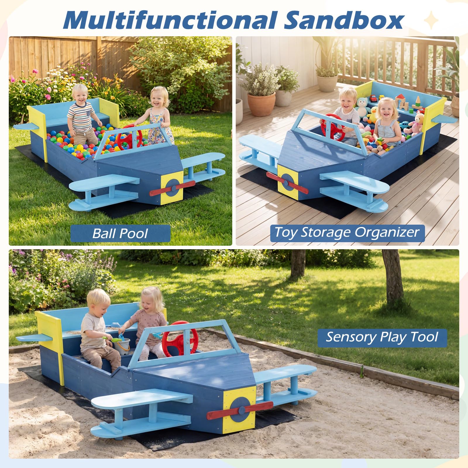 HONEY JOY Glider-Shape Kids Sandpit, Large Wooden Outdoor Sand Box w/Bench Seat - Image 6