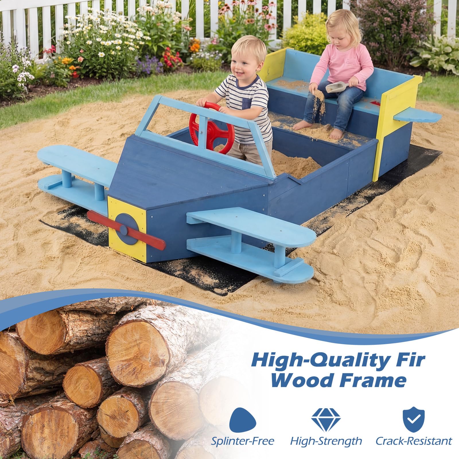 HONEY JOY Glider-Shape Kids Sandpit, Large Wooden Outdoor Sand Box w/Bench Seat - Image 8