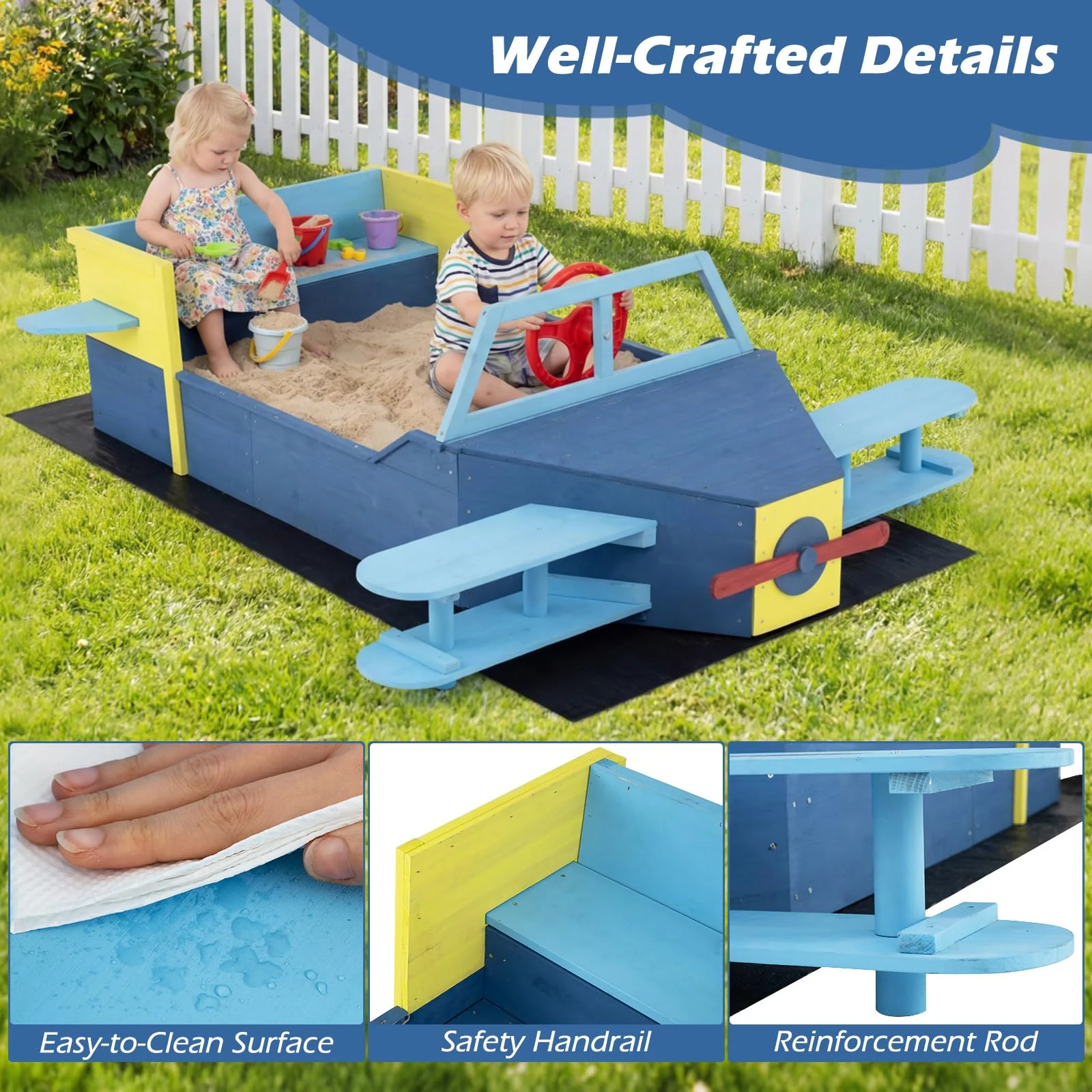 HONEY JOY Glider-Shape Kids Sandpit, Large Wooden Outdoor Sand Box w/Bench Seat - Image 9