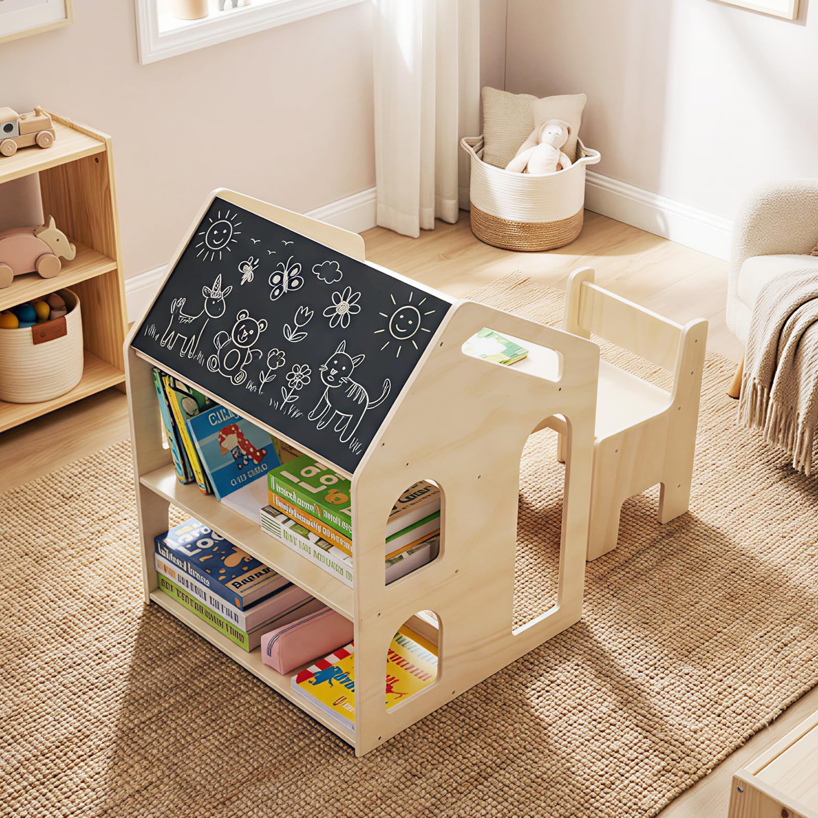 HONEY JOY House-Shaped Kids' Desk w/Chair, 3-in-1 Toddler Art Table Set - Image 2
