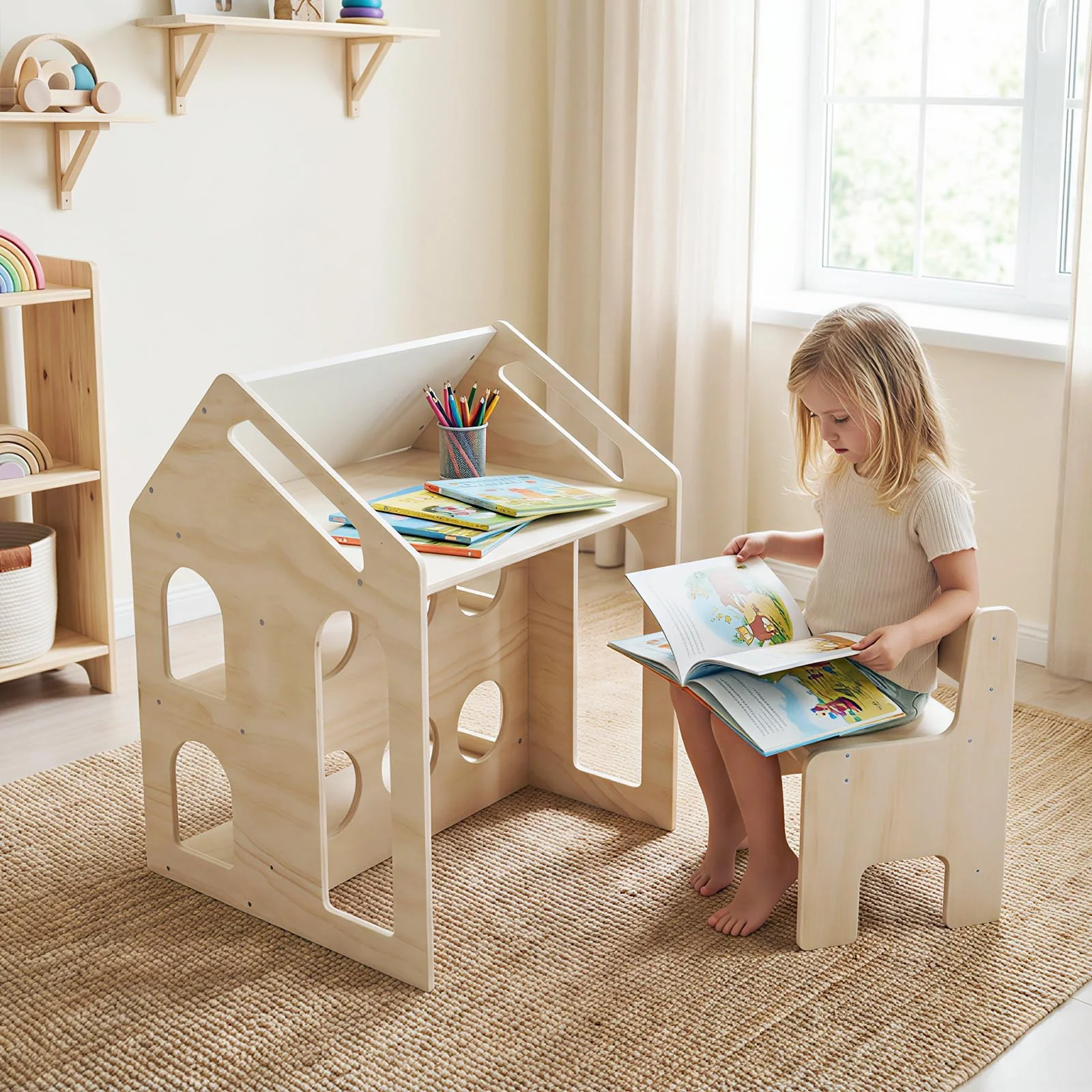 HONEY JOY House-Shaped Kids' Desk w/Chair, 3-in-1 Toddler Art Table Set - Image 3