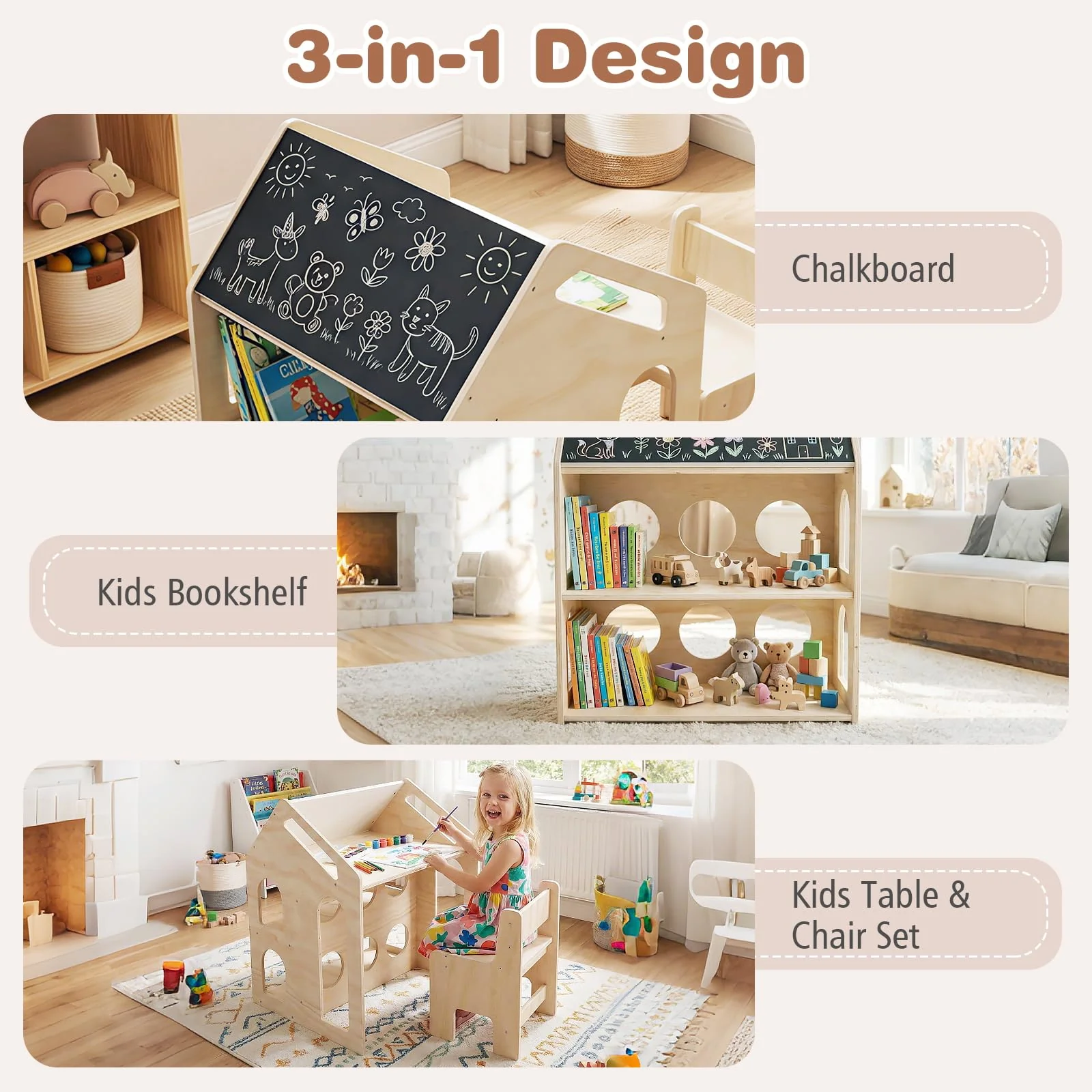 HONEY JOY House-Shaped Kids' Desk w/Chair, 3-in-1 Toddler Art Table Set - Image 5