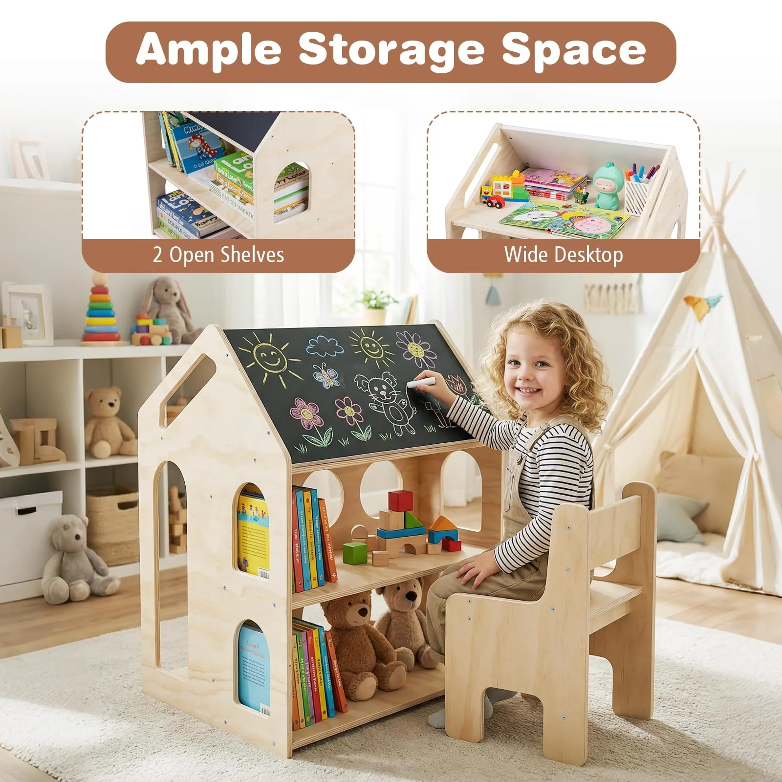 HONEY JOY House-Shaped Kids' Desk w/Chair, 3-in-1 Toddler Art Table Set - Image 6