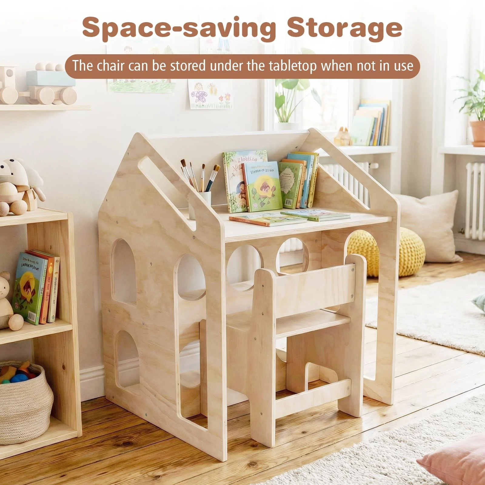HONEY JOY House-Shaped Kids' Desk w/Chair, 3-in-1 Toddler Art Table Set - Image 7