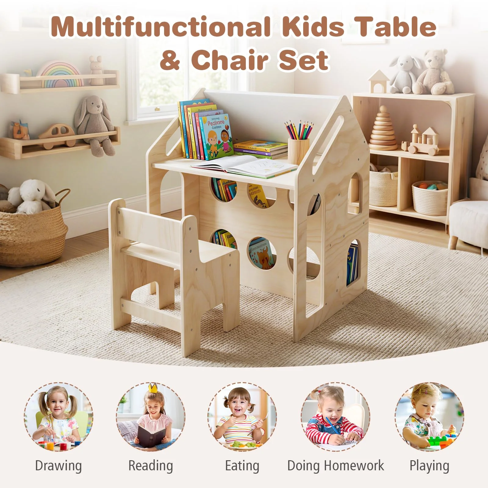 HONEY JOY House-Shaped Kids' Desk w/Chair, 3-in-1 Toddler Art Table Set - Image 8