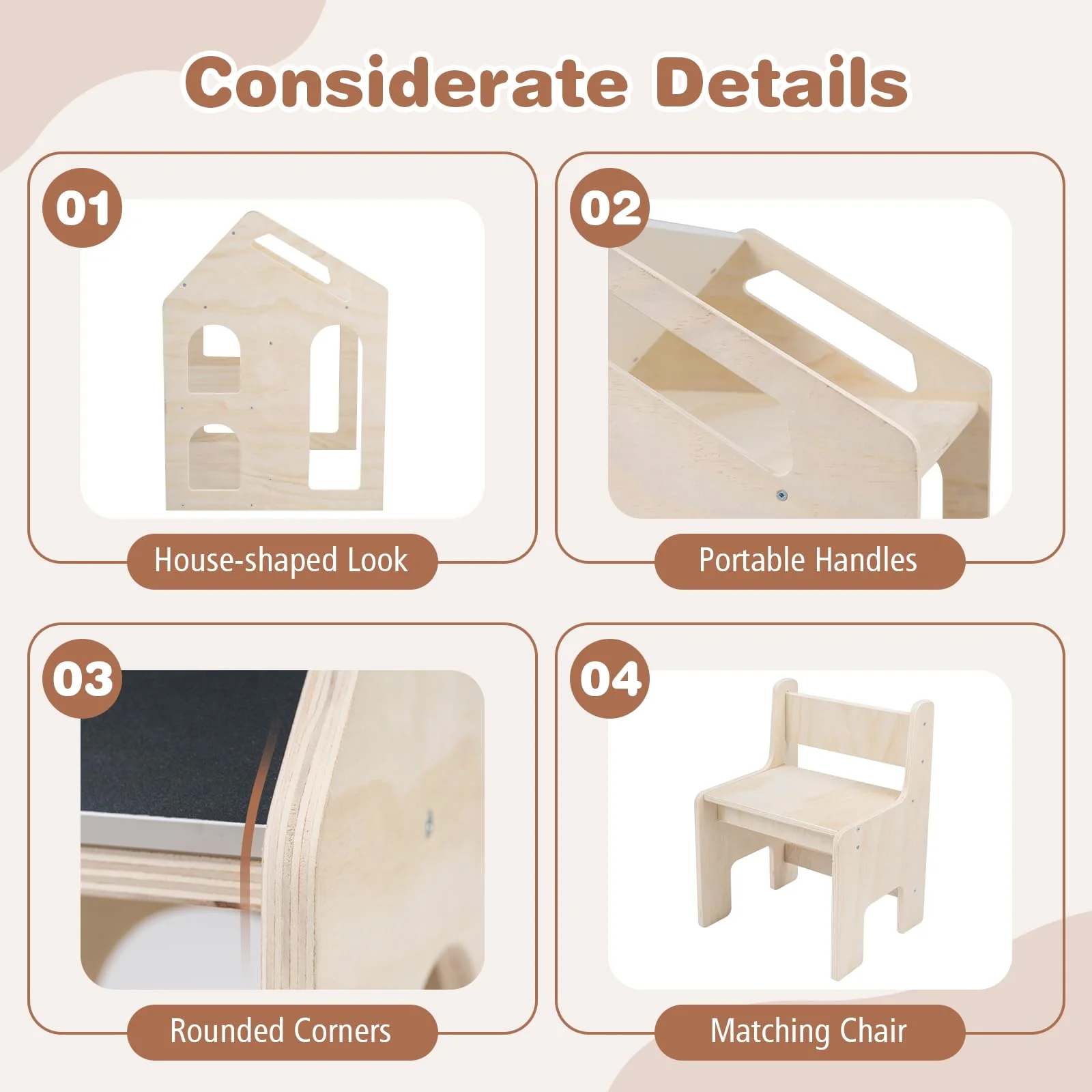 HONEY JOY House-Shaped Kids' Desk w/Chair, 3-in-1 Toddler Art Table Set - Image 9