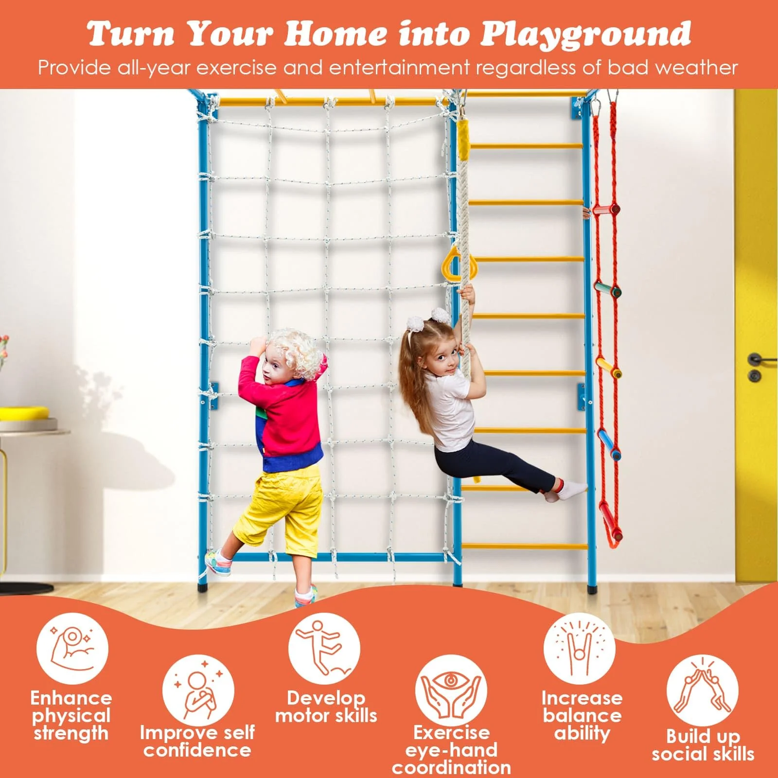 HONEY JOY Indoor Jungle Gym, 7-in-1 Steel Home Playground with Monkey Bars - Image 3
