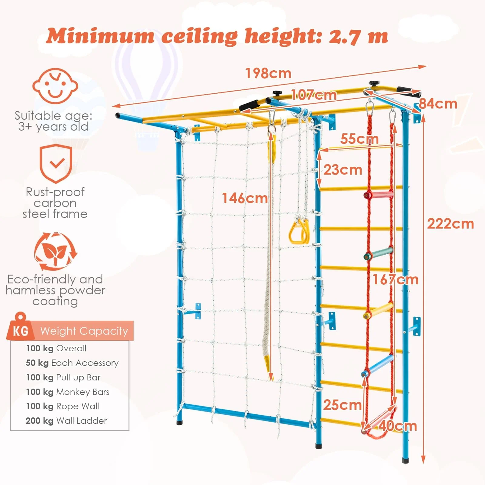 HONEY JOY Indoor Jungle Gym, 7-in-1 Steel Home Playground with Monkey Bars - Image 4