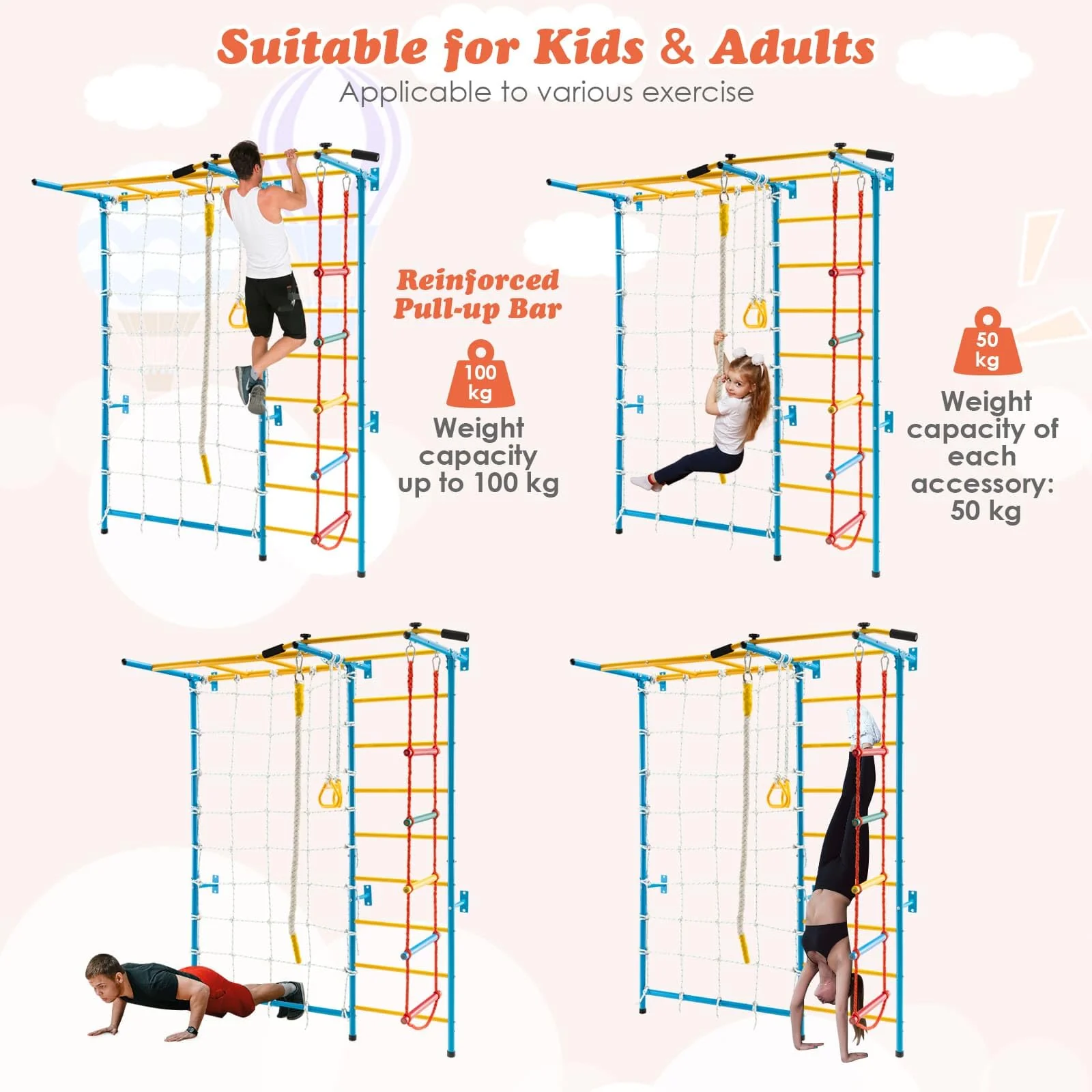HONEY JOY Indoor Jungle Gym, 7-in-1 Steel Home Playground with Monkey Bars - Image 9