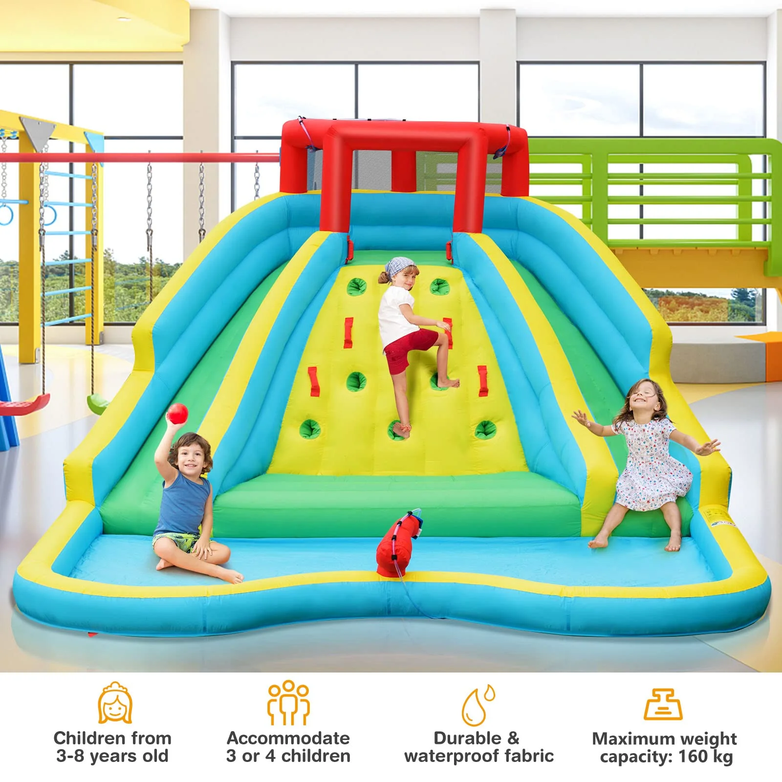 HONEY JOY Inflatable Water Slide, 452 x 365 x 233CM Giant Water Park for Kids w/Double Long Slides, Climbing Wall - Image 4