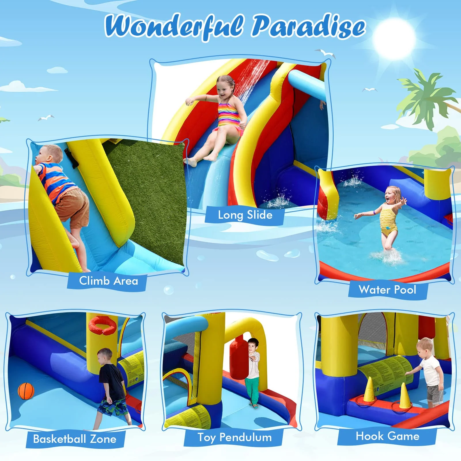 HONEY JOY Inflatable Water Slide, 7-in-1 Outdoor Kids Water Bounce House Jumping Castle - Image 2
