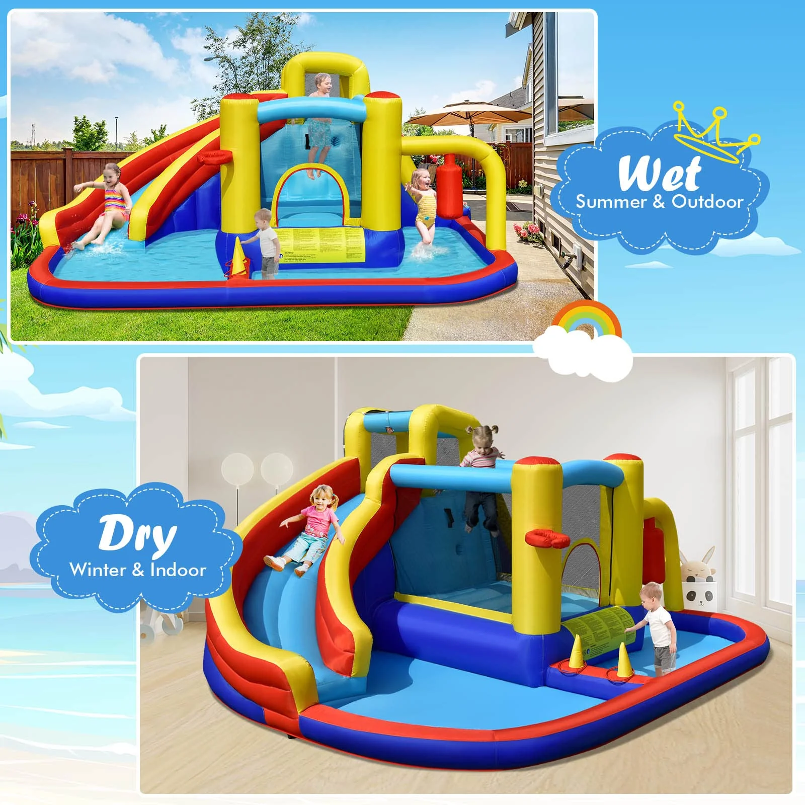 HONEY JOY Inflatable Water Slide, 7-in-1 Outdoor Kids Water Bounce House Jumping Castle - Image 4