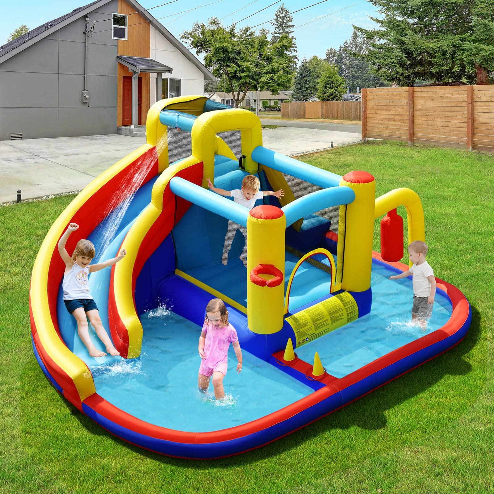 HONEY JOY Inflatable Water Slide, 7-in-1 Outdoor Kids Water Bounce House Jumping Castle w/Combo Water Slide, Splash Pool - Image 2