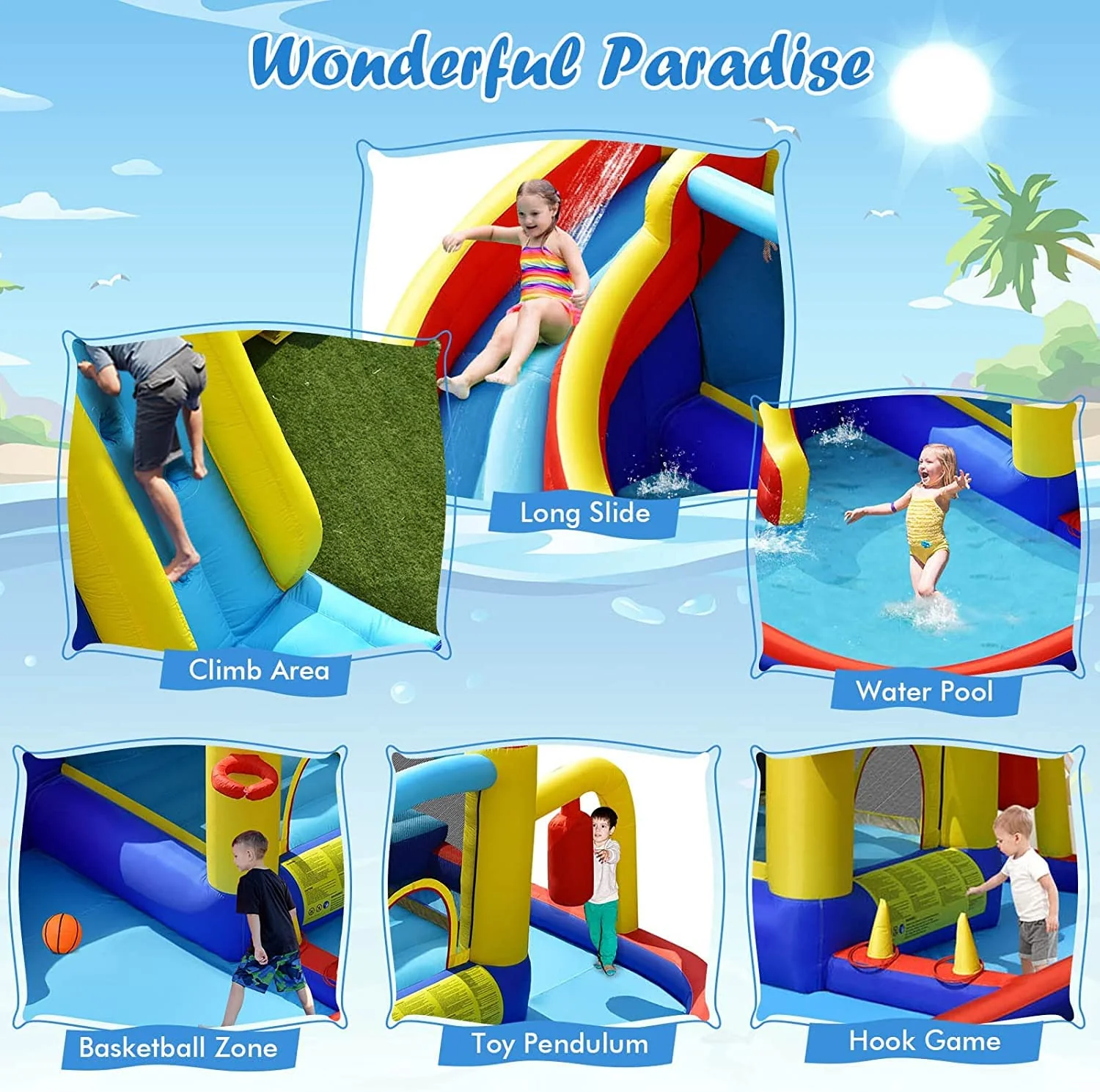 HONEY JOY Inflatable Water Slide, 7-in-1 Outdoor Kids Water Bounce House Jumping Castle w/Combo Water Slide, Splash Pool - Image 3