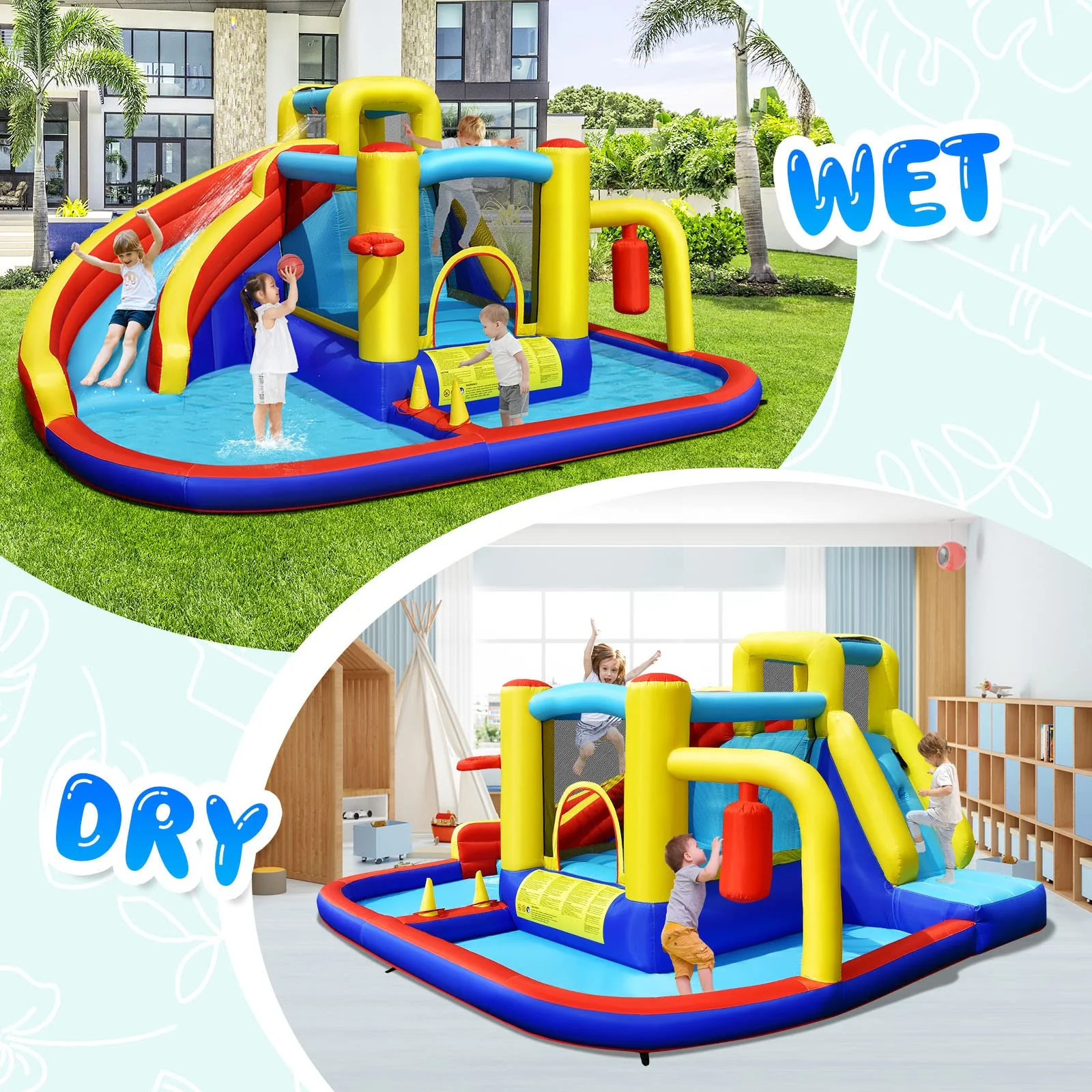 HONEY JOY Inflatable Water Slide, 7-in-1 Outdoor Kids Water Bounce House Jumping Castle w/Combo Water Slide, Splash Pool - Image 7