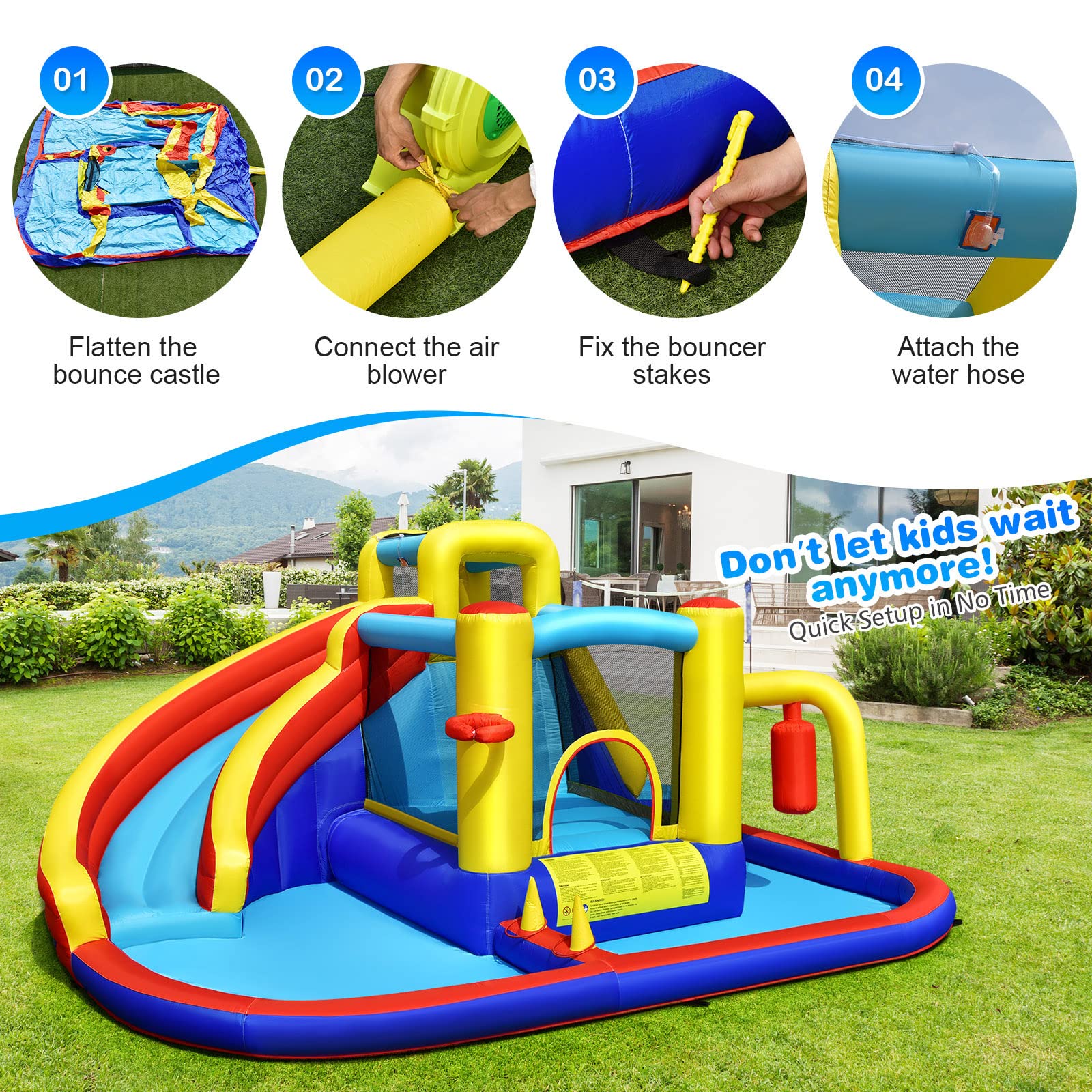 HONEY JOY Inflatable Water Slide, 7-in-1 Outdoor Kids Water Bounce House Jumping Castle w/Combo Water Slide, Splash Pool - Image 8