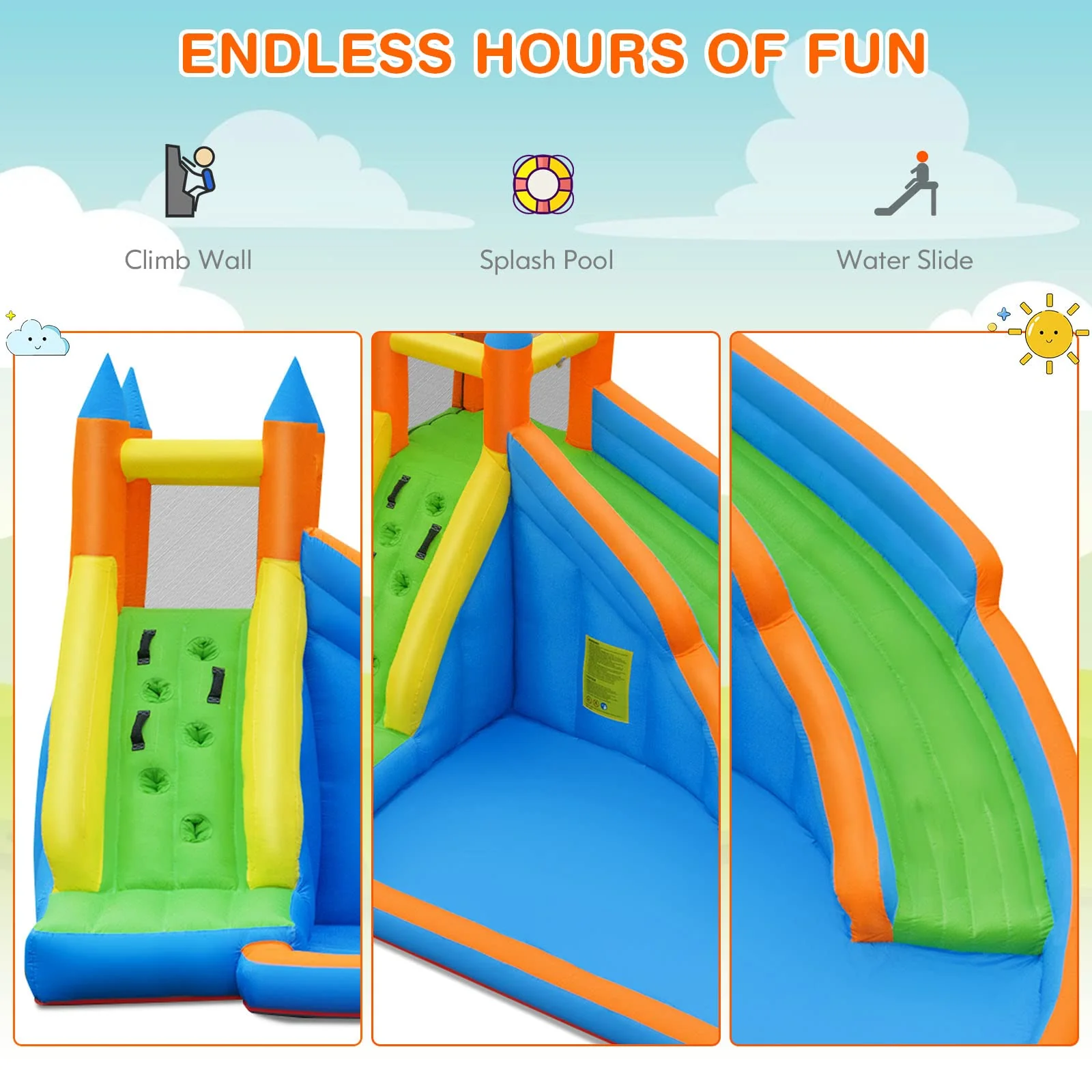 HONEY JOY Inflatable Water Slide Bouncer, Children Wet & Dry Bounce House with Climbing Wall (with 450W Blower) - Image 3