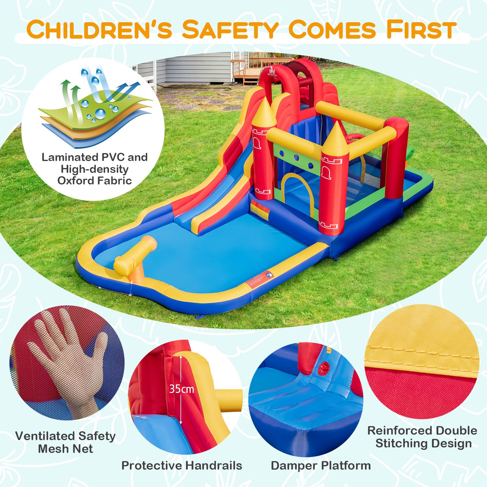 HONEY JOY Inflatable Water Slide, Outdoor Water Park Bouncy House with Ring-tossing with 680W Blower - Image 8