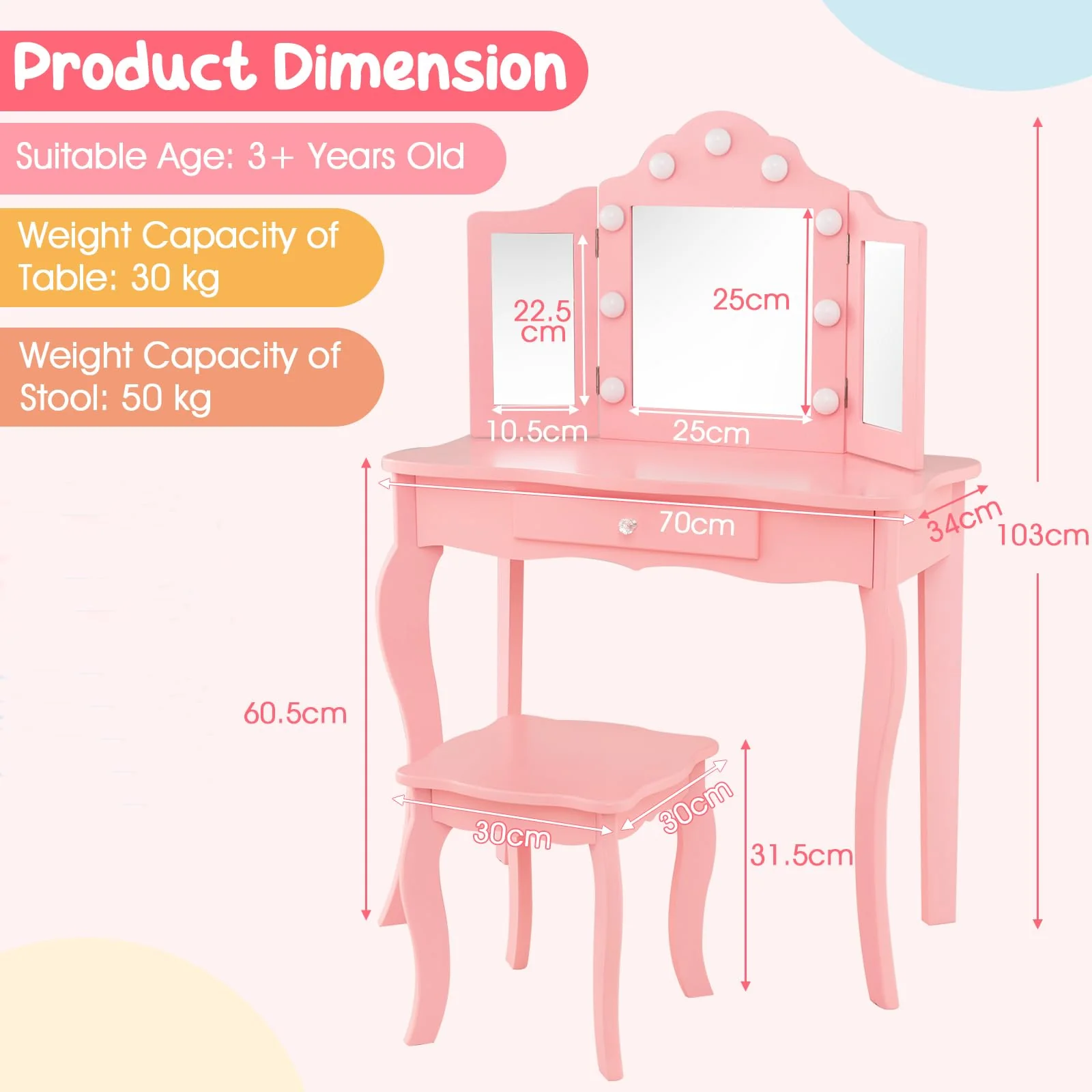 HONEY JOY Kids 2-in-1 Vanity Table and Stool Set,Princess Makeup Vanity Set w/3-color LED Lights & Adjustable Brightness - Image 6