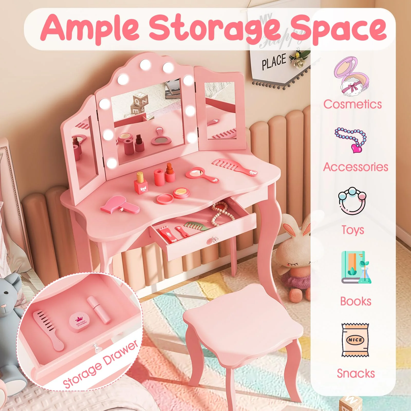 HONEY JOY Kids 2-in-1 Vanity Table and Stool Set,Princess Makeup Vanity Set w/3-color LED Lights & Adjustable Brightness - Image 8