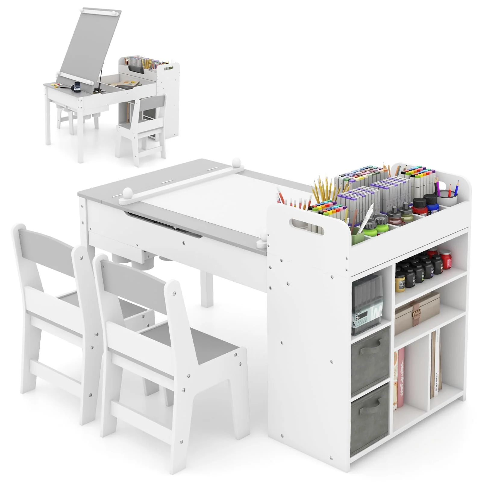 HONEY JOY Kids Art Table & 2 Chairs Set w/Paper Roll, Craft Desk w/Flip-up Tabletop - Image 12