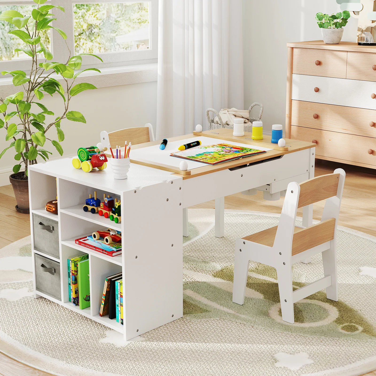 HONEY JOY Kids Art Table & 2 Chairs Set w/Paper Roll, Craft Desk w/Flip-up Tabletop - Image 2