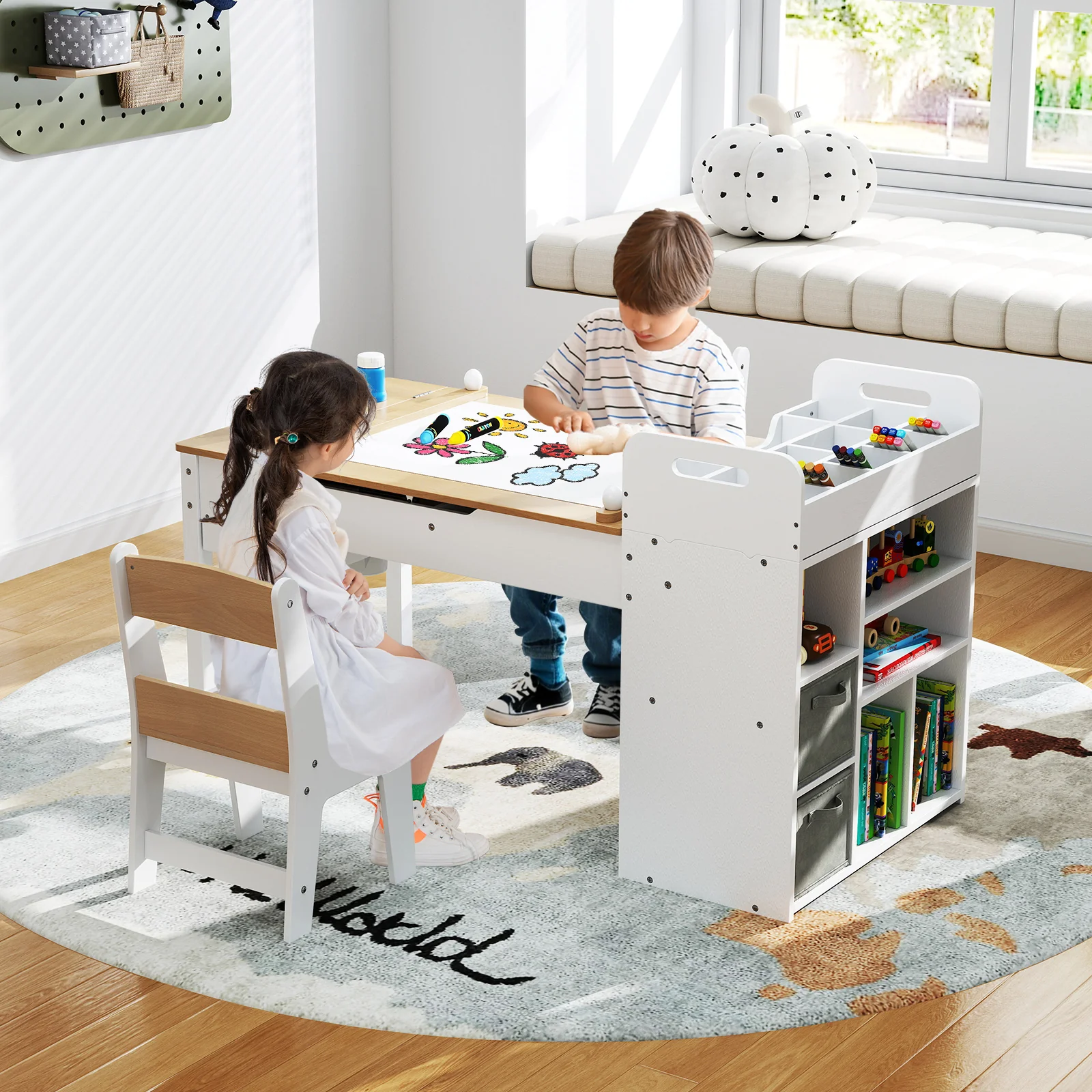 HONEY JOY Kids Art Table & 2 Chairs Set w/Paper Roll, Craft Desk w/Flip-up Tabletop - Image 3