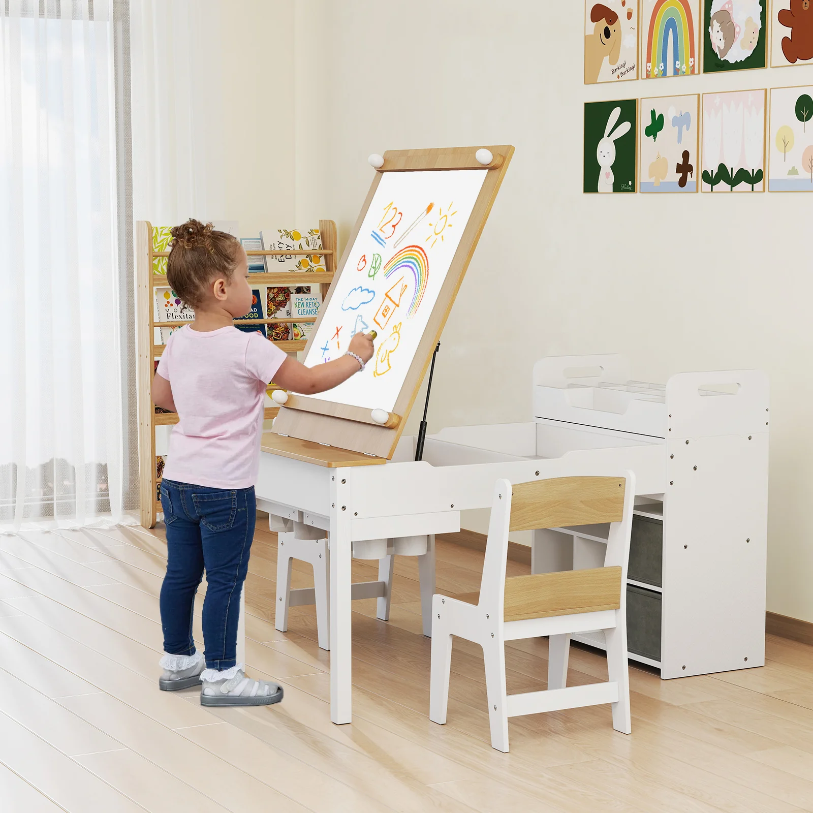 HONEY JOY Kids Art Table & 2 Chairs Set w/Paper Roll, Craft Desk w/Flip-up Tabletop - Image 4