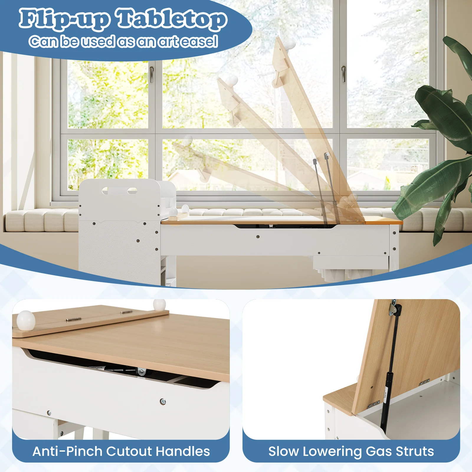 HONEY JOY Kids Art Table & 2 Chairs Set w/Paper Roll, Craft Desk w/Flip-up Tabletop - Image 6