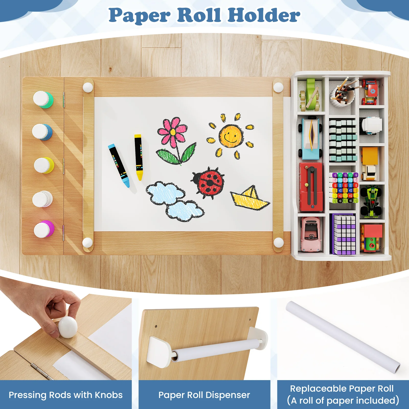 HONEY JOY Kids Art Table & 2 Chairs Set w/Paper Roll, Craft Desk w/Flip-up Tabletop - Image 7