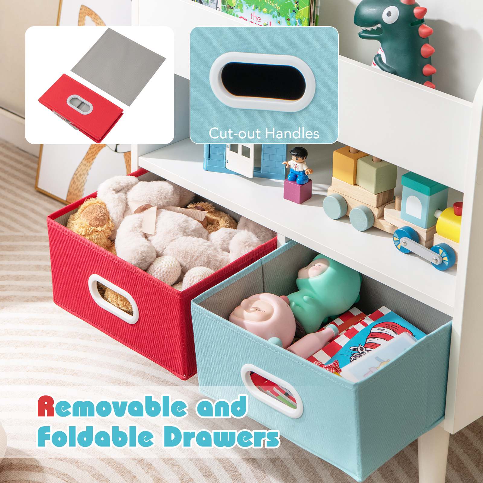 HONEY JOY Kids Bookshelf, Children Book Display Rack with 3-Tier Bookshelves, Open Compartment & 2 Fabric Drawers - Image 5