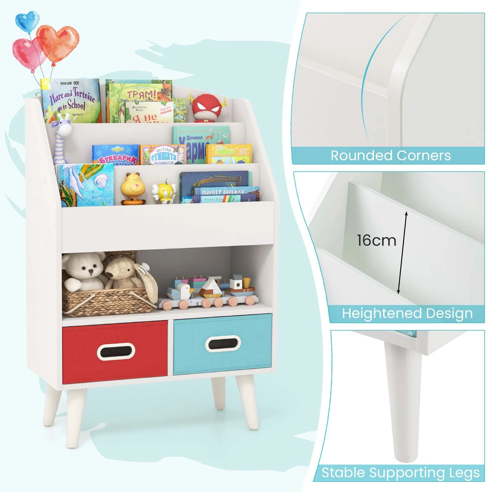 HONEY JOY Kids Bookshelf, Children Book Display Rack with 3-Tier Bookshelves, Open Compartment & 2 Fabric Drawers - Image 8
