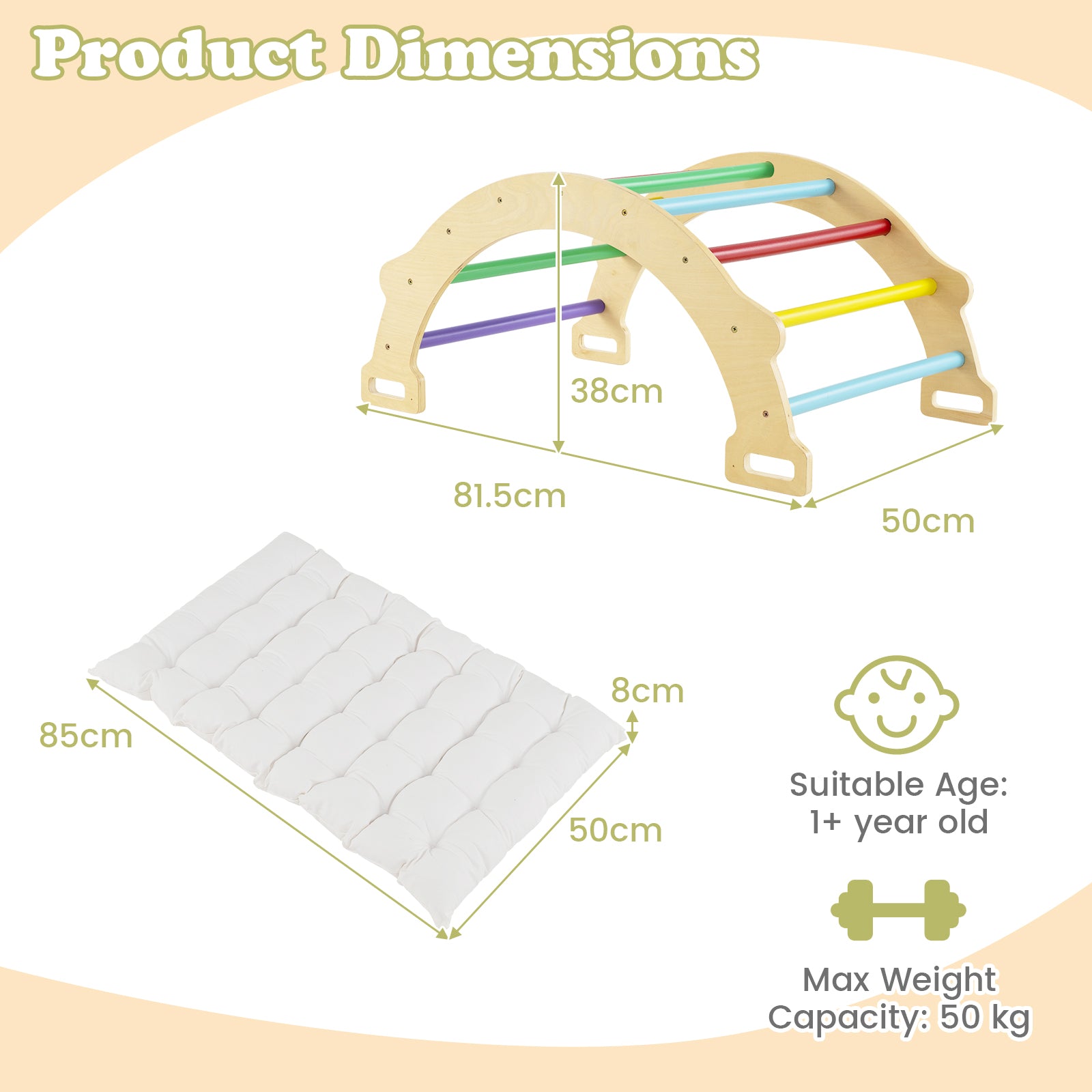 HONEY JOY Kids Climber Arch Rocker with Cushion, 4-In-1 Convertible Wooden Arch Climbing Ladder - Image 10