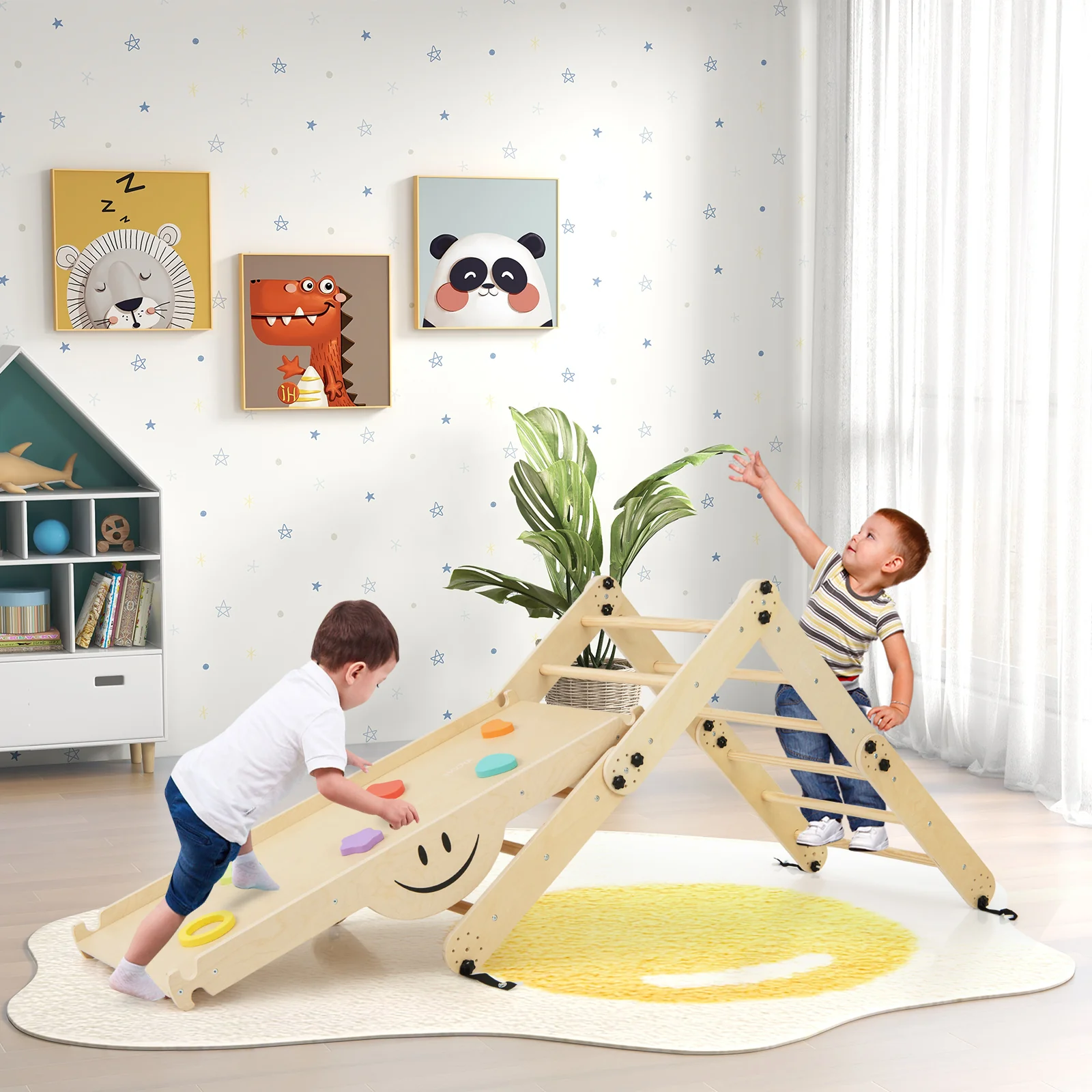 HONEY JOY Kids Climbing Playset, Children Triangle Ladder Play Toy Indoor Jungle Gym w/Reversible Ramp - Image 2